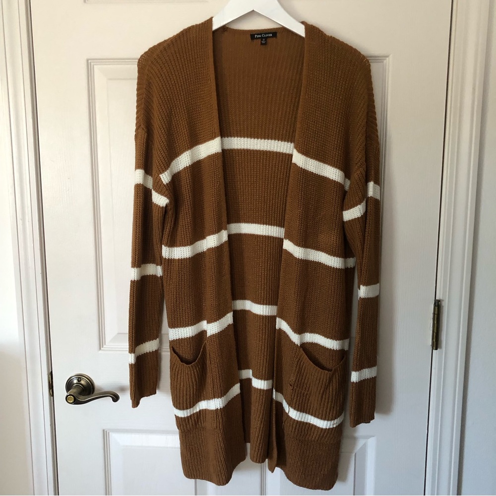 Boutique tan and white striped knit cardigan